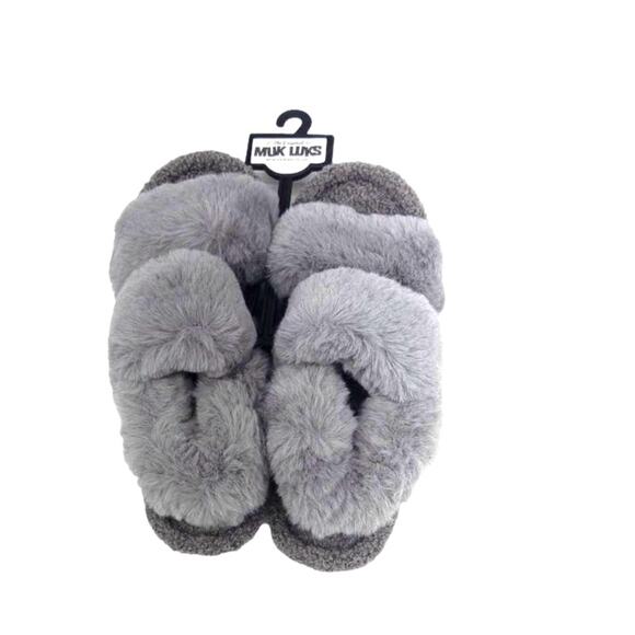 Womens Fuzzy Plush Fur Slingback Slippers Gray Muk Luks 9 10 Large - Picture 2 of 4
